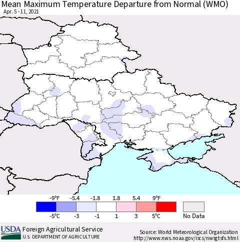 Ukraine, Moldova and Belarus Mean Maximum Temperature Departure from Normal (WMO) Thematic Map For 4/5/2021 - 4/11/2021
