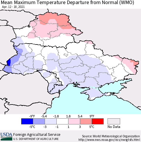 Ukraine, Moldova and Belarus Mean Maximum Temperature Departure from Normal (WMO) Thematic Map For 4/12/2021 - 4/18/2021