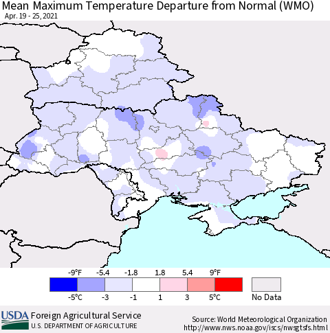 Ukraine, Moldova and Belarus Mean Maximum Temperature Departure from Normal (WMO) Thematic Map For 4/19/2021 - 4/25/2021