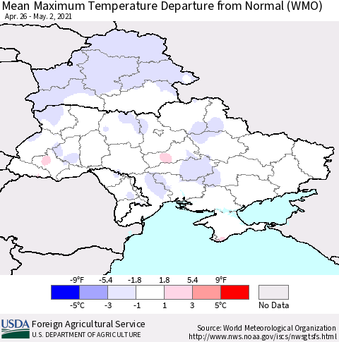 Ukraine, Moldova and Belarus Mean Maximum Temperature Departure from Normal (WMO) Thematic Map For 4/26/2021 - 5/2/2021