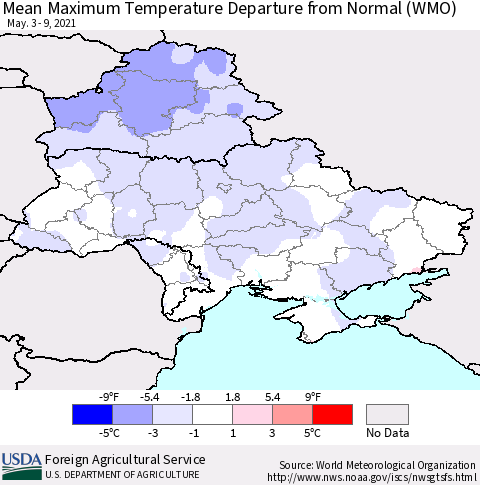 Ukraine, Moldova and Belarus Mean Maximum Temperature Departure from Normal (WMO) Thematic Map For 5/3/2021 - 5/9/2021