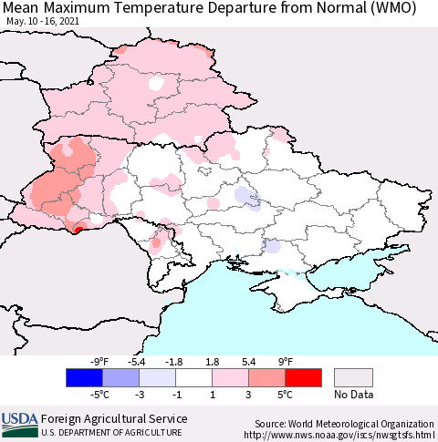 Ukraine, Moldova and Belarus Mean Maximum Temperature Departure from Normal (WMO) Thematic Map For 5/10/2021 - 5/16/2021