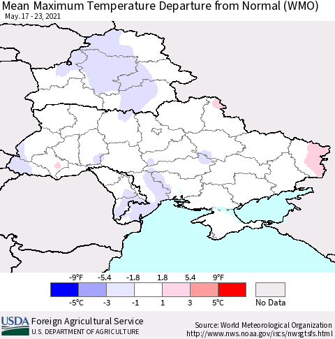 Ukraine, Moldova and Belarus Mean Maximum Temperature Departure from Normal (WMO) Thematic Map For 5/17/2021 - 5/23/2021
