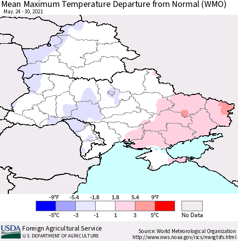 Ukraine, Moldova and Belarus Maximum Temperature Departure From Normal (WMO) Thematic Map For 5/24/2021 - 5/30/2021