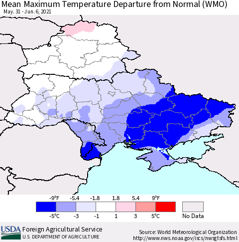 Ukraine, Moldova and Belarus Maximum Temperature Departure From Normal (WMO) Thematic Map For 5/31/2021 - 6/6/2021