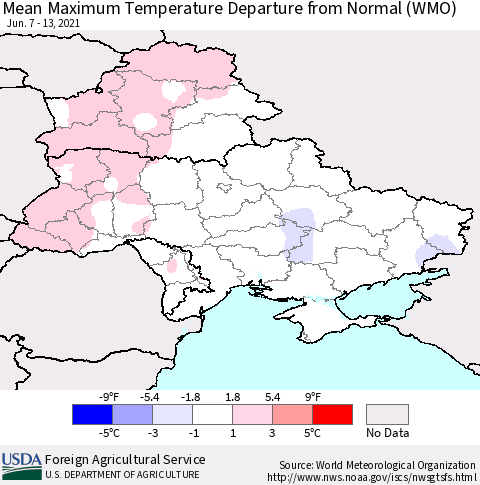 Ukraine, Moldova and Belarus Mean Maximum Temperature Departure from Normal (WMO) Thematic Map For 6/7/2021 - 6/13/2021