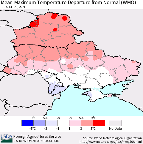 Ukraine, Moldova and Belarus Mean Maximum Temperature Departure from Normal (WMO) Thematic Map For 6/14/2021 - 6/20/2021