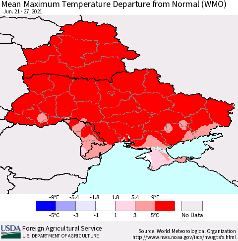 Ukraine, Moldova and Belarus Mean Maximum Temperature Departure from Normal (WMO) Thematic Map For 6/21/2021 - 6/27/2021