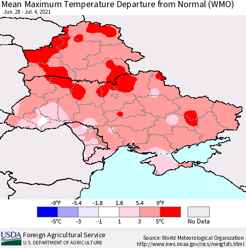 Ukraine, Moldova and Belarus Mean Maximum Temperature Departure from Normal (WMO) Thematic Map For 6/28/2021 - 7/4/2021