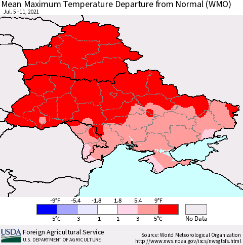 Ukraine, Moldova and Belarus Mean Maximum Temperature Departure from Normal (WMO) Thematic Map For 7/5/2021 - 7/11/2021