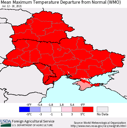 Ukraine, Moldova and Belarus Maximum Temperature Departure From Normal (WMO) Thematic Map For 7/12/2021 - 7/18/2021