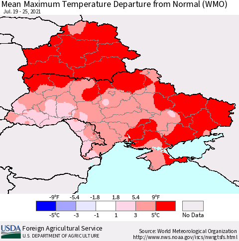 Ukraine, Moldova and Belarus Mean Maximum Temperature Departure from Normal (WMO) Thematic Map For 7/19/2021 - 7/25/2021