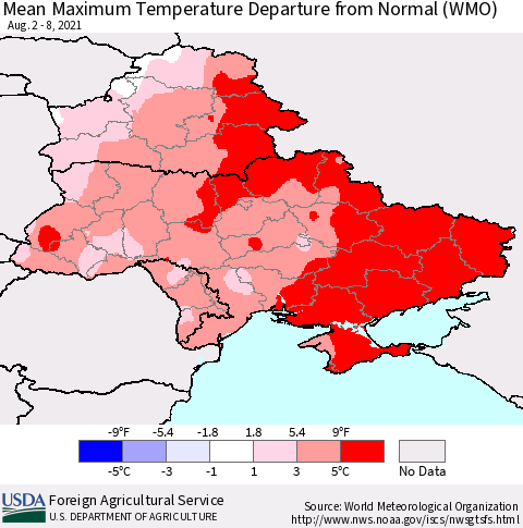 Ukraine, Moldova and Belarus Maximum Temperature Departure From Normal (WMO) Thematic Map For 8/2/2021 - 8/8/2021