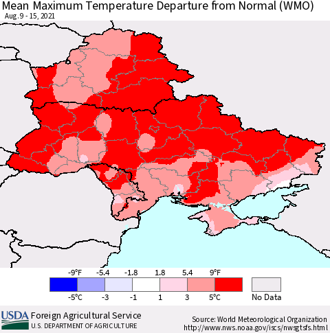 Ukraine, Moldova and Belarus Maximum Temperature Departure From Normal (WMO) Thematic Map For 8/9/2021 - 8/15/2021