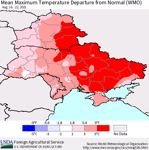 Ukraine, Moldova and Belarus Mean Maximum Temperature Departure from Normal (WMO) Thematic Map For 8/16/2021 - 8/22/2021