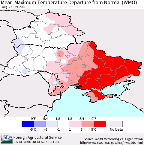 Ukraine, Moldova and Belarus Mean Maximum Temperature Departure from Normal (WMO) Thematic Map For 8/23/2021 - 8/29/2021