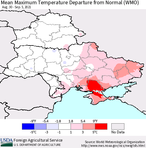 Ukraine, Moldova and Belarus Mean Maximum Temperature Departure from Normal (WMO) Thematic Map For 8/30/2021 - 9/5/2021