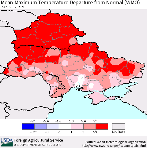Ukraine, Moldova and Belarus Mean Maximum Temperature Departure from Normal (WMO) Thematic Map For 9/6/2021 - 9/12/2021