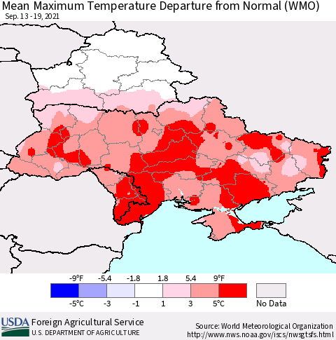 Ukraine, Moldova and Belarus Mean Maximum Temperature Departure from Normal (WMO) Thematic Map For 9/13/2021 - 9/19/2021
