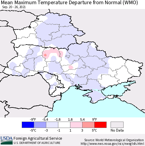 Ukraine, Moldova and Belarus Mean Maximum Temperature Departure from Normal (WMO) Thematic Map For 9/20/2021 - 9/26/2021
