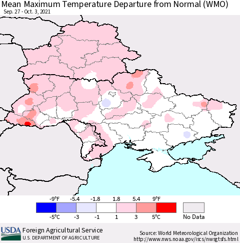 Ukraine, Moldova and Belarus Maximum Temperature Departure From Normal (WMO) Thematic Map For 9/27/2021 - 10/3/2021
