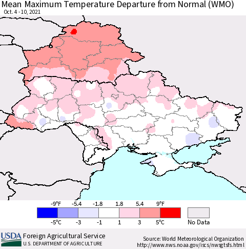 Ukraine, Moldova and Belarus Mean Maximum Temperature Departure from Normal (WMO) Thematic Map For 10/4/2021 - 10/10/2021