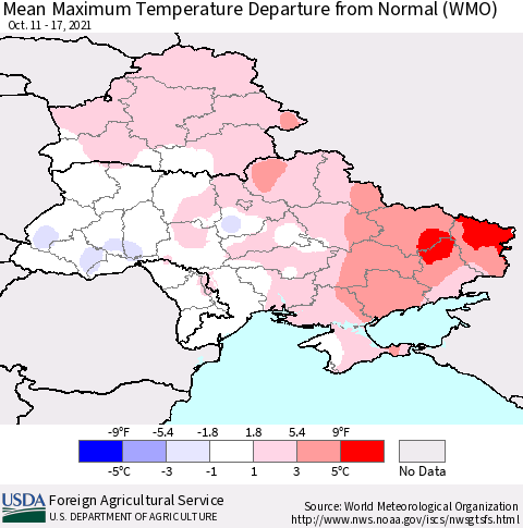 Ukraine, Moldova and Belarus Mean Maximum Temperature Departure from Normal (WMO) Thematic Map For 10/11/2021 - 10/17/2021