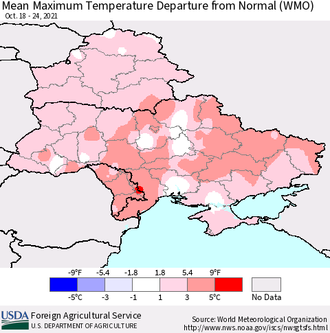 Ukraine, Moldova and Belarus Mean Maximum Temperature Departure from Normal (WMO) Thematic Map For 10/18/2021 - 10/24/2021