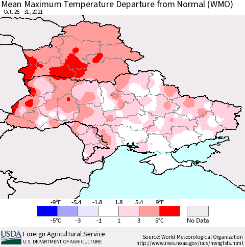 Ukraine, Moldova and Belarus Maximum Temperature Departure From Normal (WMO) Thematic Map For 10/25/2021 - 10/31/2021
