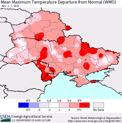Ukraine, Moldova and Belarus Maximum Temperature Departure From Normal (WMO) Thematic Map For 11/1/2021 - 11/7/2021