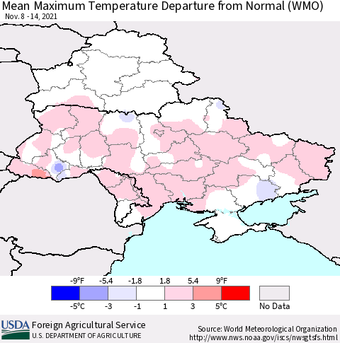 Ukraine, Moldova and Belarus Mean Maximum Temperature Departure from Normal (WMO) Thematic Map For 11/8/2021 - 11/14/2021