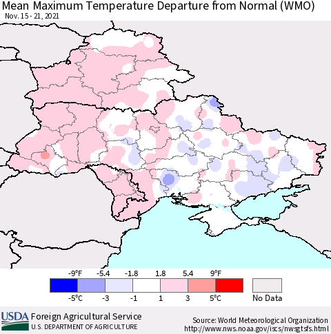 Ukraine, Moldova and Belarus Maximum Temperature Departure From Normal (WMO) Thematic Map For 11/15/2021 - 11/21/2021