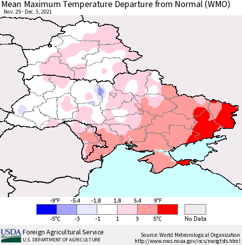 Ukraine, Moldova and Belarus Mean Maximum Temperature Departure from Normal (WMO) Thematic Map For 11/29/2021 - 12/5/2021