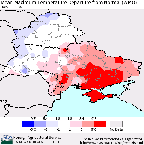 Ukraine, Moldova and Belarus Mean Maximum Temperature Departure from Normal (WMO) Thematic Map For 12/6/2021 - 12/12/2021