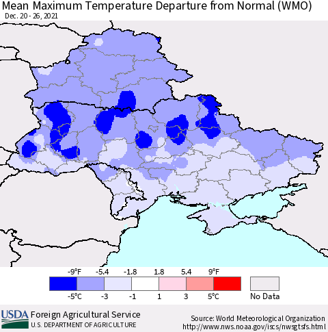 Ukraine, Moldova and Belarus Maximum Temperature Departure From Normal (WMO) Thematic Map For 12/20/2021 - 12/26/2021