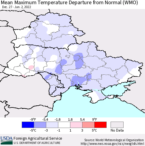 Ukraine, Moldova and Belarus Mean Maximum Temperature Departure from Normal (WMO) Thematic Map For 12/27/2021 - 1/2/2022