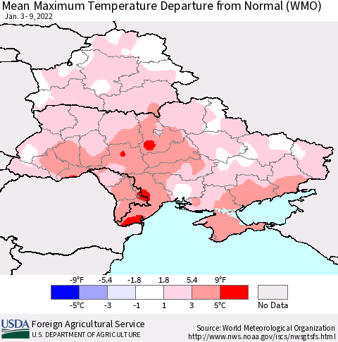 Ukraine, Moldova and Belarus Mean Maximum Temperature Departure from Normal (WMO) Thematic Map For 1/3/2022 - 1/9/2022