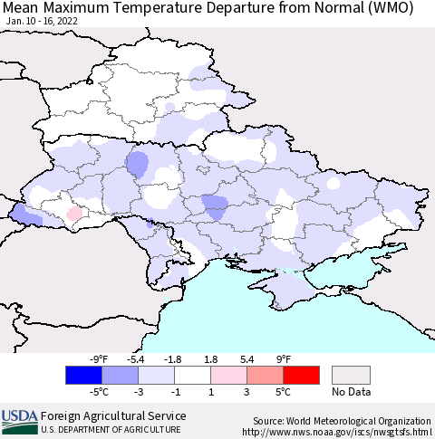Ukraine, Moldova and Belarus Mean Maximum Temperature Departure from Normal (WMO) Thematic Map For 1/10/2022 - 1/16/2022