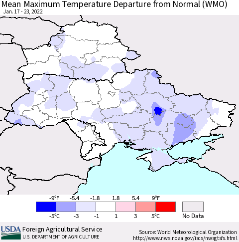 Ukraine, Moldova and Belarus Mean Maximum Temperature Departure from Normal (WMO) Thematic Map For 1/17/2022 - 1/23/2022