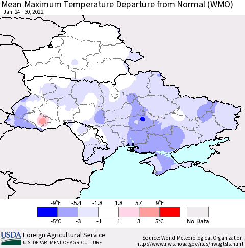 Ukraine, Moldova and Belarus Mean Maximum Temperature Departure from Normal (WMO) Thematic Map For 1/24/2022 - 1/30/2022