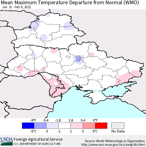 Ukraine, Moldova and Belarus Mean Maximum Temperature Departure from Normal (WMO) Thematic Map For 1/31/2022 - 2/6/2022