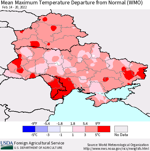 Ukraine, Moldova and Belarus Mean Maximum Temperature Departure from Normal (WMO) Thematic Map For 2/14/2022 - 2/20/2022