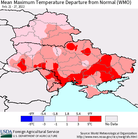Ukraine, Moldova and Belarus Mean Maximum Temperature Departure from Normal (WMO) Thematic Map For 2/21/2022 - 2/27/2022