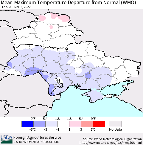 Ukraine, Moldova and Belarus Mean Maximum Temperature Departure from Normal (WMO) Thematic Map For 2/28/2022 - 3/6/2022