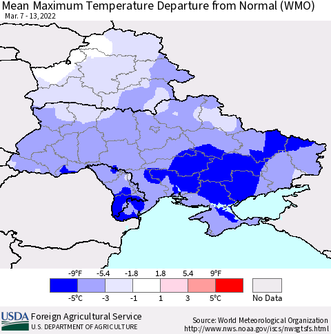 Ukraine, Moldova and Belarus Mean Maximum Temperature Departure from Normal (WMO) Thematic Map For 3/7/2022 - 3/13/2022