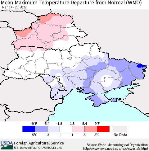 Ukraine, Moldova and Belarus Mean Maximum Temperature Departure from Normal (WMO) Thematic Map For 3/14/2022 - 3/20/2022