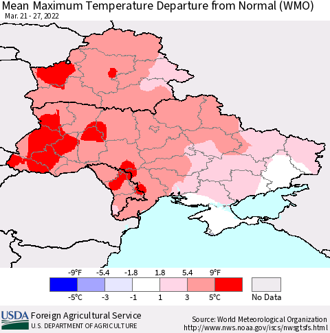 Ukraine, Moldova and Belarus Mean Maximum Temperature Departure from Normal (WMO) Thematic Map For 3/21/2022 - 3/27/2022