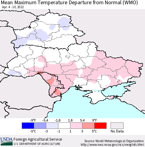 Ukraine, Moldova and Belarus Mean Maximum Temperature Departure from Normal (WMO) Thematic Map For 4/4/2022 - 4/10/2022