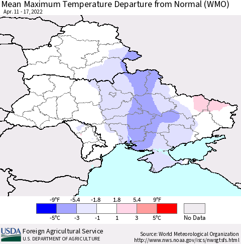 Ukraine, Moldova and Belarus Mean Maximum Temperature Departure from Normal (WMO) Thematic Map For 4/11/2022 - 4/17/2022