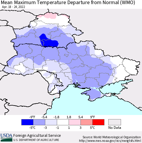 Ukraine, Moldova and Belarus Mean Maximum Temperature Departure from Normal (WMO) Thematic Map For 4/18/2022 - 4/24/2022